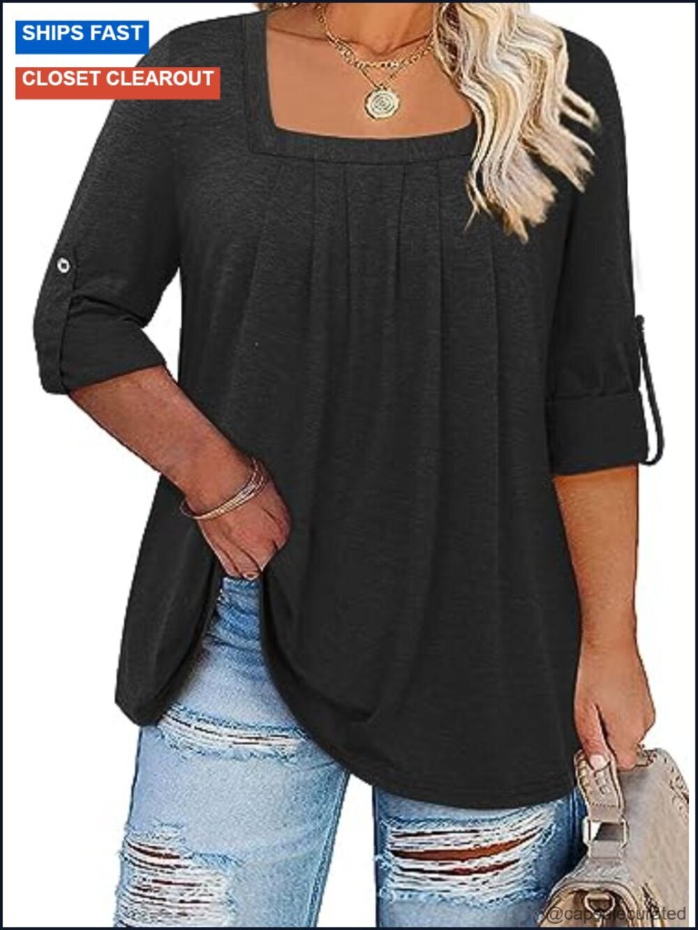 Plus Size Tunic Top 3/4 Rolled Sleeve Square Neck Loose Fit Blouse